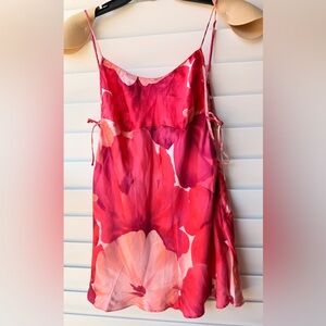 Victoria’s Secret Y2K Red Pink Hibiscus Print 100% Silk Chemise Slip Dress M
